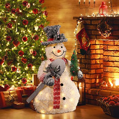 LuxenHome White Frosted Snowman Holding Shovel And Christmas