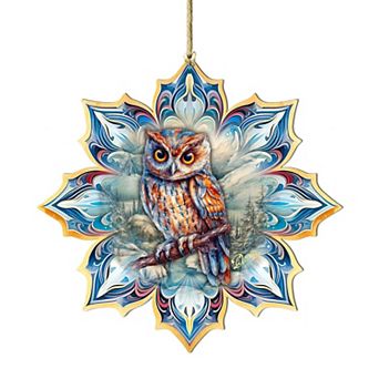 Great Horned Owl Snowflake Wooden Christmas Ornaments By G. Debrekht