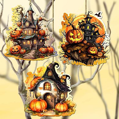 Spooky Houses Wooden Christmas Ornaments Set Of 3 By G. Debrekht