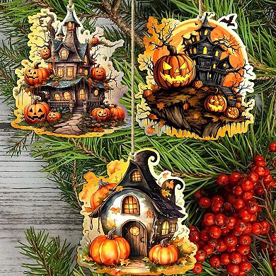 Spooky Houses Wooden Christmas Ornaments Set Of 3 By G. Debrekht