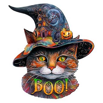 Halloween Cat in a Hat Holiday 23-Inch Handcrafted Wooden Door Hanger & Wall Art by G. DeBrekht