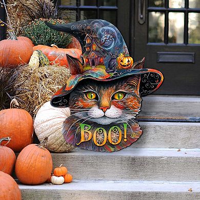 Halloween Cat in a Hat Holiday 23-Inch Handcrafted Wooden Door Hanger & Wall Art by G. DeBrekht