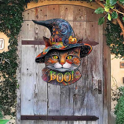 Halloween Cat in a Hat Holiday 23-Inch Handcrafted Wooden Door