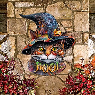 Halloween Cat in a Hat Holiday 23-Inch Handcrafted Wooden Door Hanger & Wall Art by G. DeBrekht