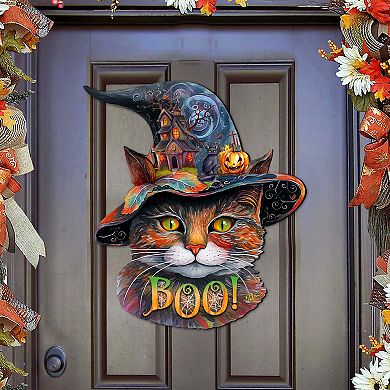 Halloween Cat in a Hat Holiday 23-Inch Handcrafted Wooden Door Hanger & Wall Art by G. DeBrekht