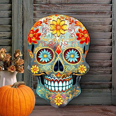 Sugar Skull Holiday 23-Inch Handcrafted Wooden Door Hanger Wall