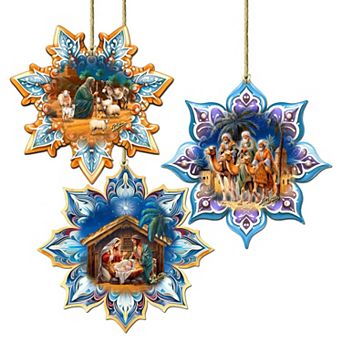 Nativity Snowflake Wooden Christmas Ornaments Set Of 3 By G. Debrekht