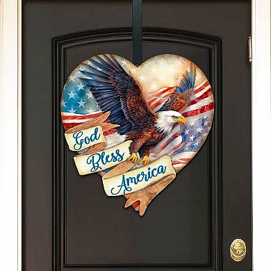 God Bless America Patriotic Eagle Heart 21-Inch Handcrafted Wooden Door Decor by G. DeBrekht