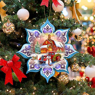 Christmas Red Barn Snowflake Large Christmas Wooden Ornament By G. Debrekht