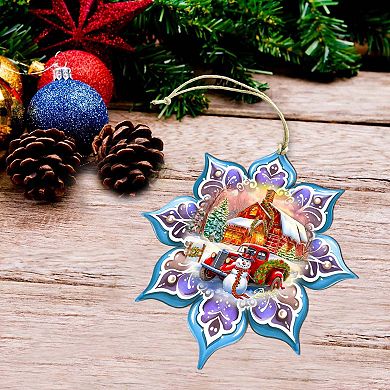 Christmas Red Barn Snowflake Large Christmas Wooden Ornament By G. Debrekht