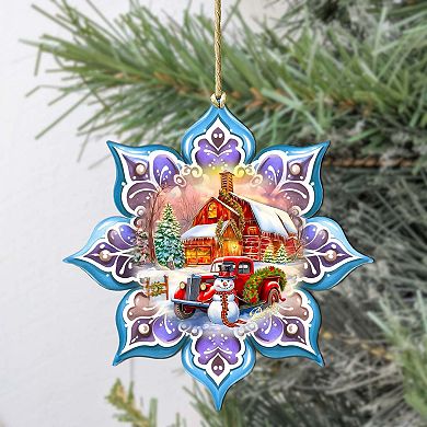 Christmas Red Barn Snowflake Large Christmas Wooden Ornament By G. Debrekht