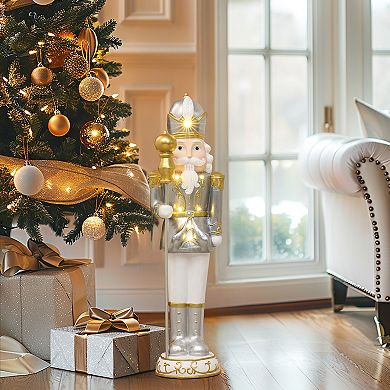 LuxenHome 2ft Tall Traditional Nutcracker King In White With Lights