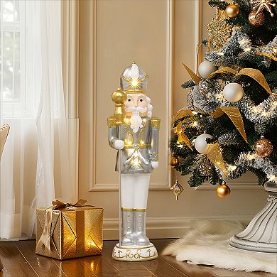 LuxenHome 2ft Tall Traditional Nutcracker King In White With Lights