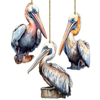 Pelicans Wooden Christmas Ornaments Set Of 3 By G. Debrekht