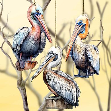 Pelicans Wooden Christmas Ornaments Set Of 3 By G. Debrekht