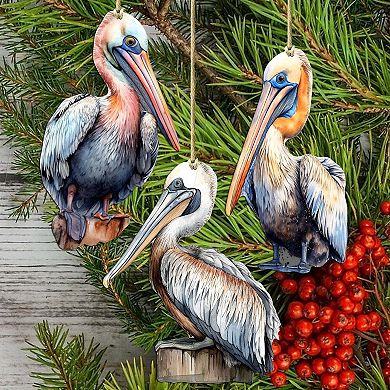 Pelicans Wooden Christmas Ornaments Set Of 3 By G. Debrekht