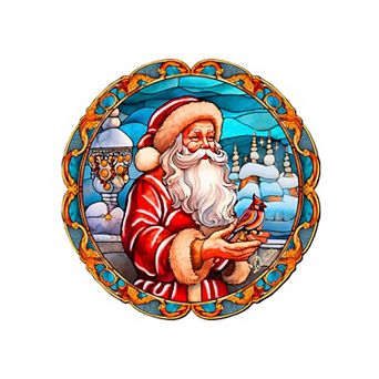 Santa with Red Cardinal Holiday 18-Inch Handcrafted Wooden Door Hanger & Wall Art by G. DeBrekht