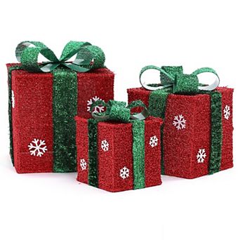 LuxenHome Set Of 3 Red And Green Gift Boxes With Bows Lighted Christmas Yard Decoration