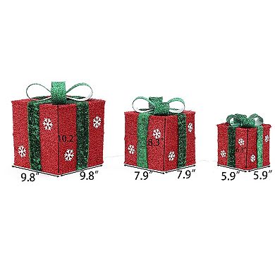 LuxenHome Set Of 3 Red And Green Gift Boxes With Bows Lighted Christmas Yard Decoration