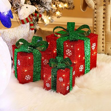 LuxenHome Set Of 3 Red And Green Gift Boxes With Bows Lighted Christmas Yard Decoration