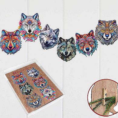 Enigmatic Wolves Wooden Clip-on Ornaments Set Of 6 By G. Debrekht