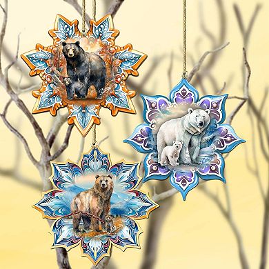 Bears Snowflake Wooden Christmas Ornaments Set Of 3 By G. Debrekht