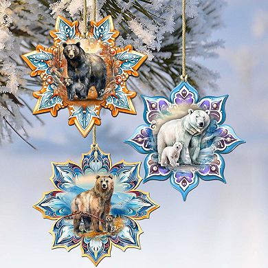 Bears Snowflake Wooden Christmas Ornaments Set Of 3 By G. Debrekht