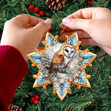 Short-eared Owl Snowflake Wooden Christmas Ornaments By G. Debrekht
