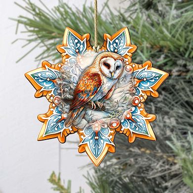 Short-eared Owl Snowflake Wooden Christmas Ornaments By G. Debrekht