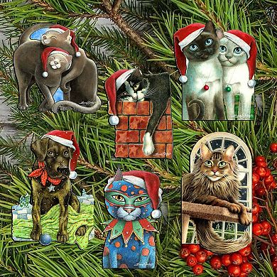 Dog And Cats Wooden Clip-on Ornaments Set Of 6 By L. Seeley
