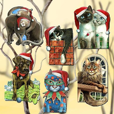 Dog And Cats Wooden Clip-on Ornaments Set Of 6 By L. Seeley