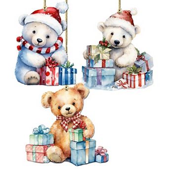 Christmas Teddy Bear Wooden Christmas Ornaments Set Of 3 By G. Debrekht