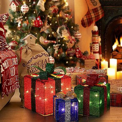 LuxenHome Set Of 3 Present Gift Boxes With Bows Lighted Holiday Decoration