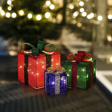 LuxenHome Set Of 3 Present Gift Boxes With Bows Lighted Holiday Decoration
