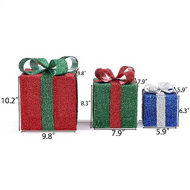 LuxenHome Set Of 3 Present Gift Boxes With Bows Lighted Holiday Decoration