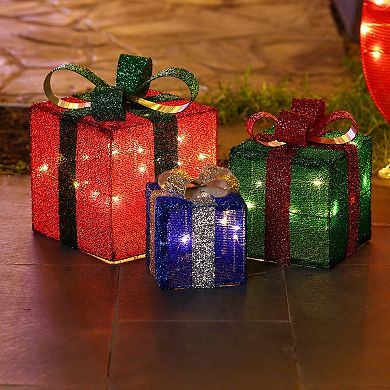 LuxenHome Set Of 3 Present Gift Boxes With Bows Lighted Holiday Decoration