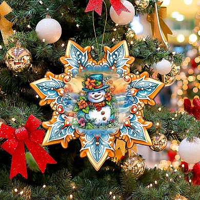 Snowman Snowflake Large Christmas Wooden Ornament By G. Debrekht