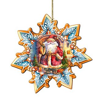 Santa With Bell Snowflake Large Christmas Wooden Ornament By G. Debrekht