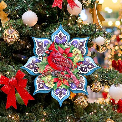 Cardinal Snowflake Large Christmas Wooden Ornament By G. Debrekht