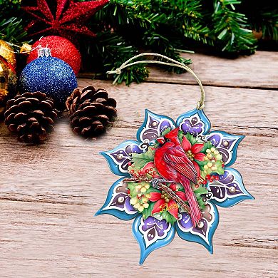 Cardinal Snowflake Large Christmas Wooden Ornament By G. Debrekht