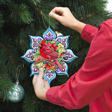 Cardinal Snowflake Large Christmas Wooden Ornament By G. Debrekht