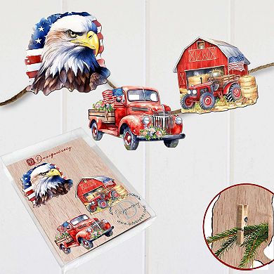 American Flag Wooden Clip-on Ornaments Set Of 3 By G. Debrekht