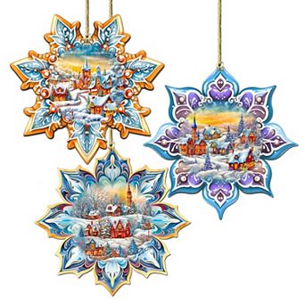 Winter Village Snowflake Wooden Christmas Ornaments Set Of 3 By G. Debrekht