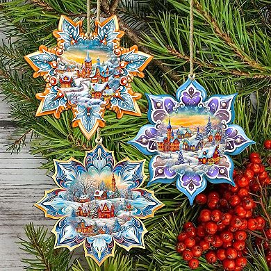 Winter Village Snowflake Wooden Christmas Ornaments Set Of 3 By G. Debrekht