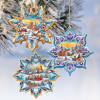 Winter Village Snowflake Wooden Christmas Ornaments Set Of 3 By G. Debrekht