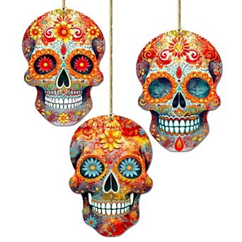 Sugar Skulls Wooden Christmas Ornaments Set Of 3 By G. Debrekht