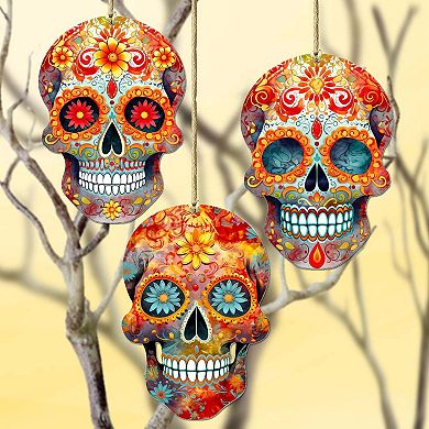 Sugar Skulls Wooden Christmas Ornaments Set Of 3 By G. Debrekht