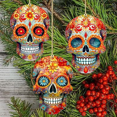 Sugar Skulls Wooden Christmas Ornaments Set Of 3 By G. Debrekht