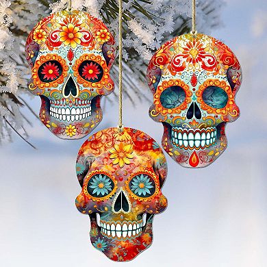 Sugar Skulls Wooden Christmas Ornaments Set Of 3 By G. Debrekht
