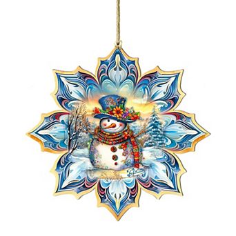 Snowman Blue Snowflake Large Christmas Wooden Ornament By G. Debrekht